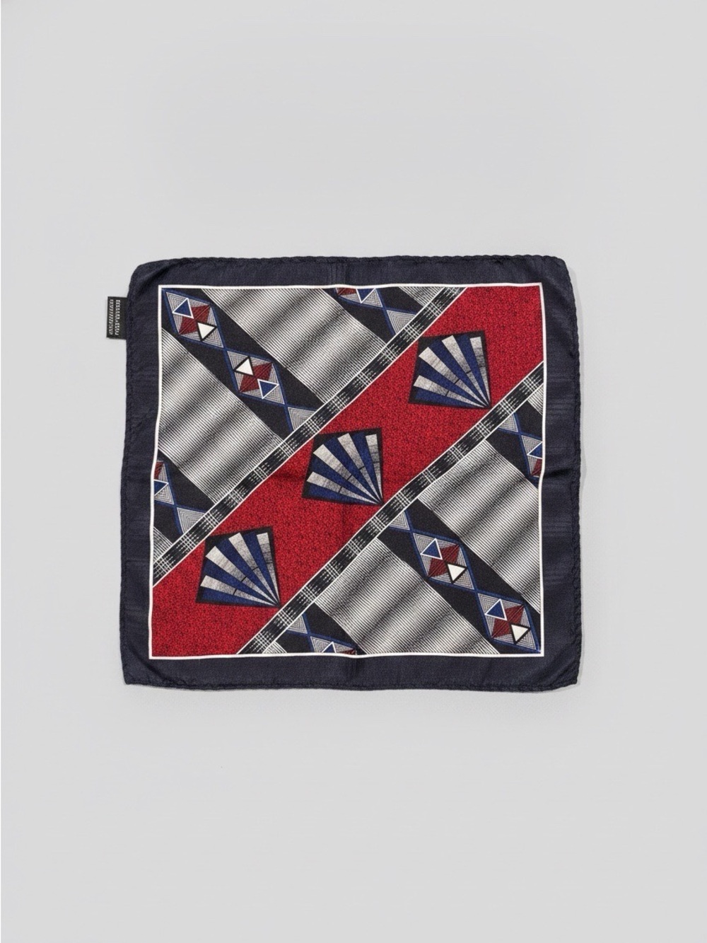 Vintage 100% Silk Pocket Square or Scarf – Red, Navy & Gray Geometric – 13”